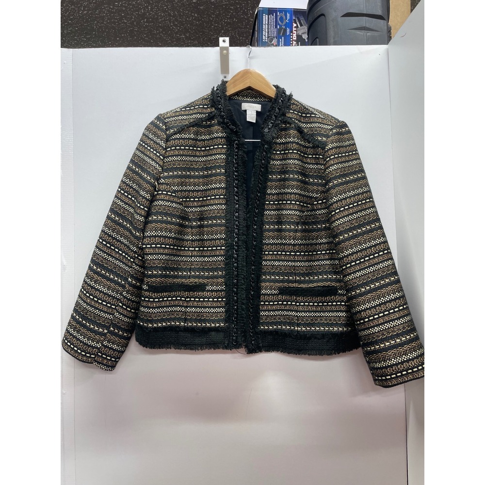 Chico's Metallic Gold Black Tweed Fringe Trim Open Front Jacket Size 1 M